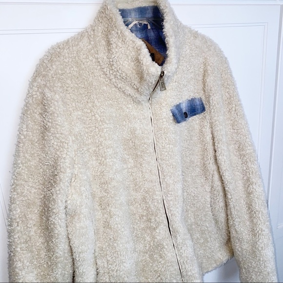 Pendleton Sherpa Cream Zip Jacket Blue Plaid Accents XL Gorpcore cozy - Picture 5 of 15